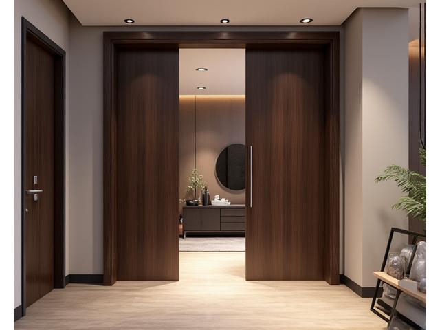 Luxurious modern wooden pivot door with dark wood finish in an urban apartment entryway, minimalist decor.