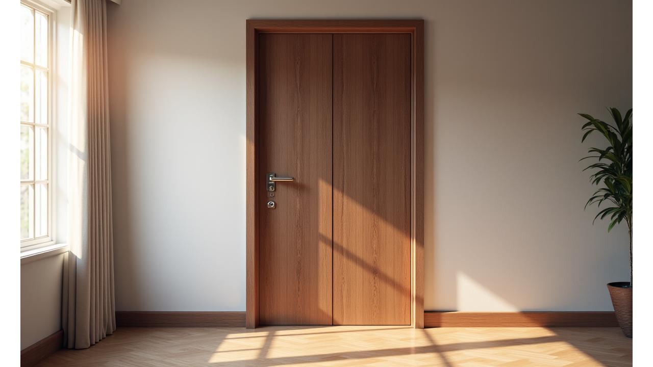 Modern wooden door with intricate grain next to a blueprint overlay, symbolizing comprehensive service from design to installation.